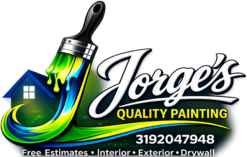 Logo for Jorge's Quality Paints with a colorful paintbrush and contact number.