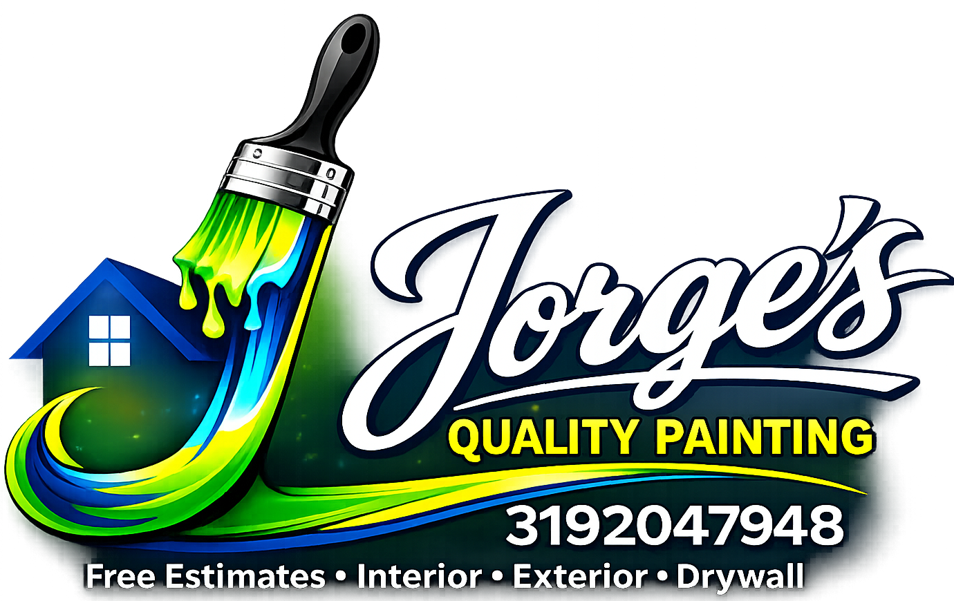 Logo of Jorge's Quality Painting with a colorful paintbrush and contact details.
