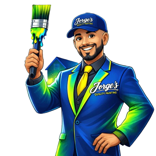 Smiling man in a blue suit holding a paintbrush, wearing a cap.