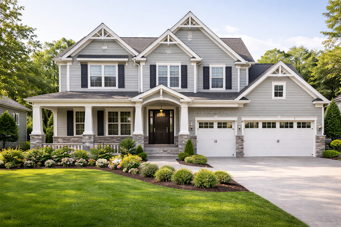 Elegant two-story suburban house with a manicured lawn and attached garage.